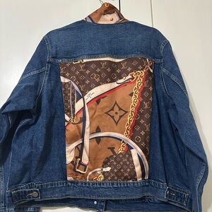 XXL Blue and Brown Jean Jacket With Custom Silk Accents